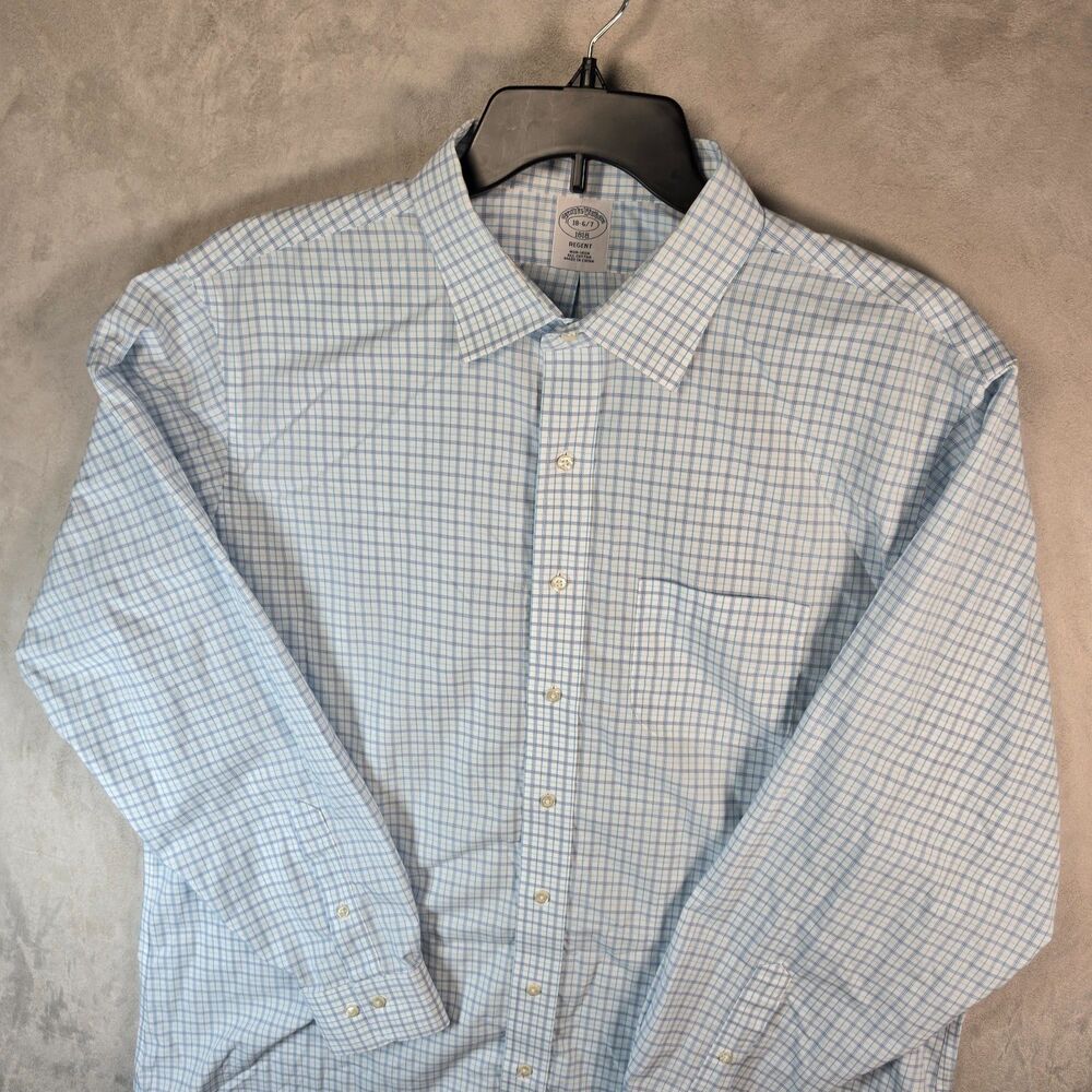 Brooks Brothers 1818 Shirt Mens 18 6/7 Regent Blue White Check Non Iron Dress